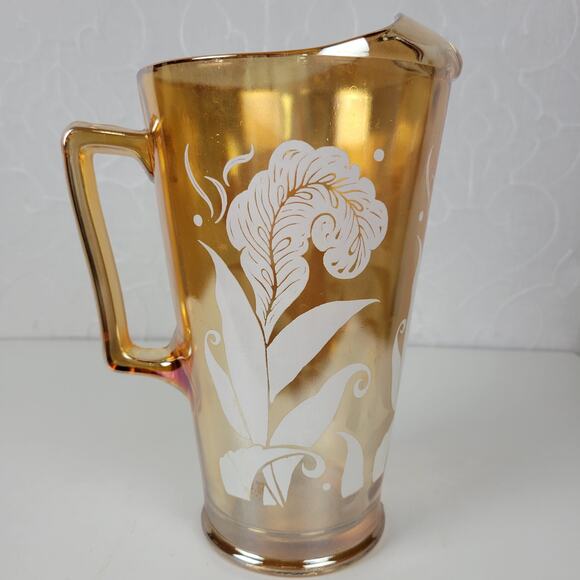 Vintage Jeanette Marigold Pitcher 9" Amber Peach Carnival Glass‎ Feather - Picture 5 of 13